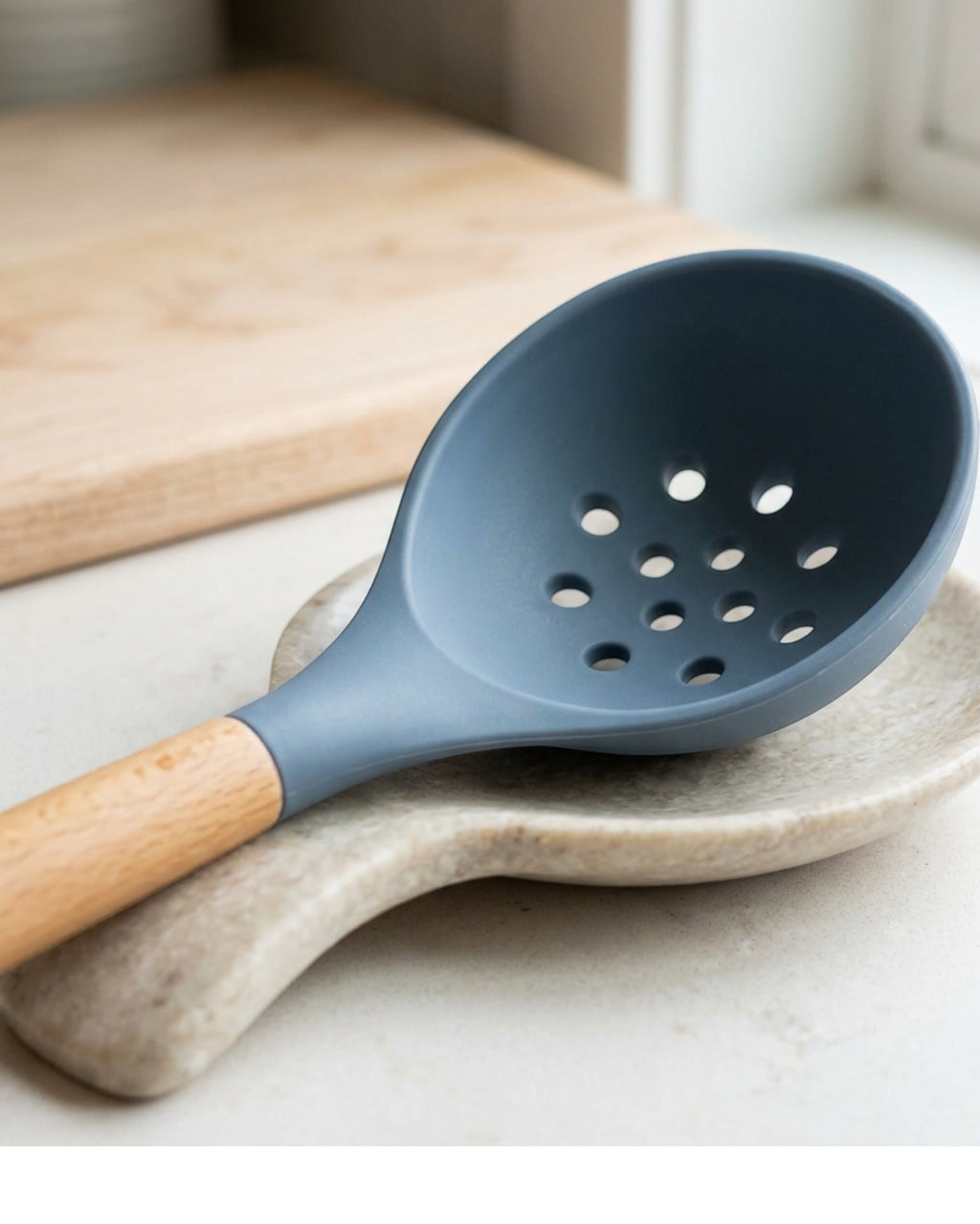 Gaue Wood-Handle Silicone Perforated Scoop 32 cm Slate Blue - Lifestyle view